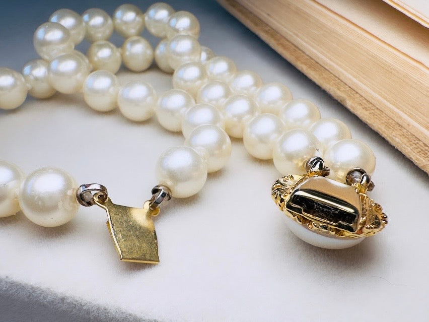 Vintage Pearl Bracelet, Double Strand Beaded Bracelet with Cream Glass Pearls and Ornate Clasp