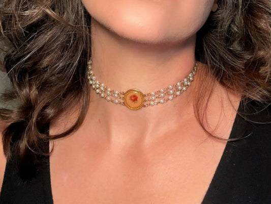 Vintage Pearl Choker, Whimsical Multistrand Beaded Choker with Rose Cameo Focal, Coquette 1950s Classic Three Strand Choker Necklace
