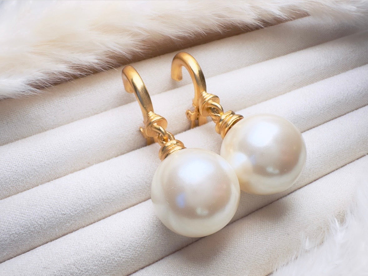 Vintage Pearl Drop Earrings, Oversized Matte Gold Cream Pearl Clip On Earrings