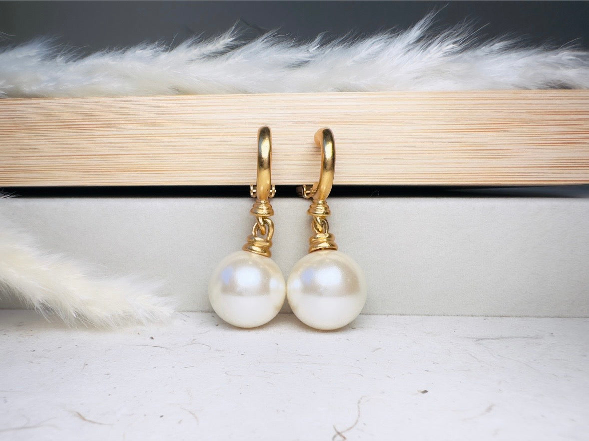 Vintage Pearl Drop Earrings, Oversized Matte Gold Cream Pearl Clip On Earrings