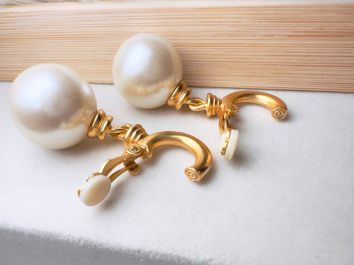 Vintage Pearl Drop Earrings, Oversized Matte Gold Cream Pearl Clip On Earrings