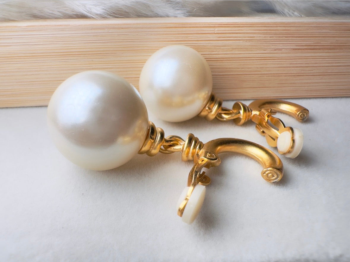 Vintage Pearl Drop Earrings, Oversized Matte Gold Cream Pearl Clip On Earrings