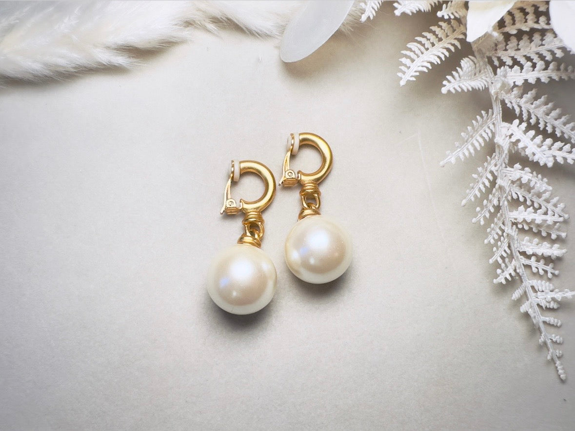 Vintage Pearl Drop Earrings, Oversized Matte Gold Cream Pearl Clip On Earrings