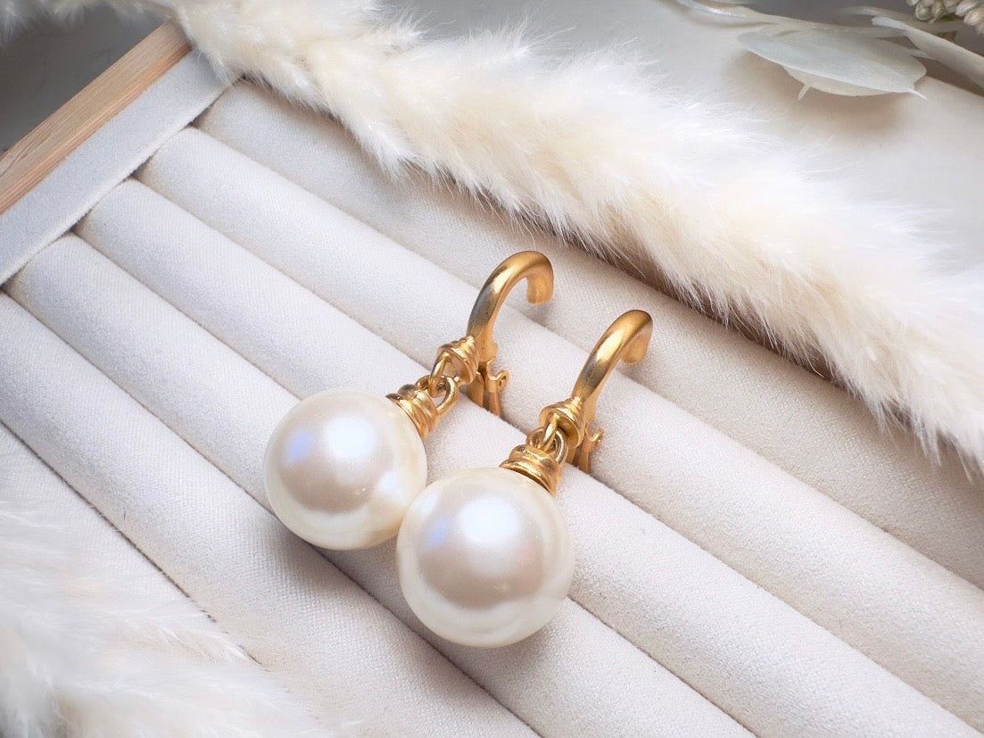 Vintage Pearl Drop Earrings, Oversized Matte Gold Cream Pearl Clip On Earrings