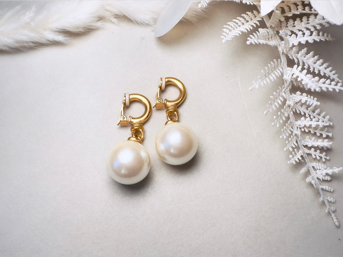 Vintage Pearl Drop Earrings, Oversized Matte Gold Cream Pearl Clip On Earrings