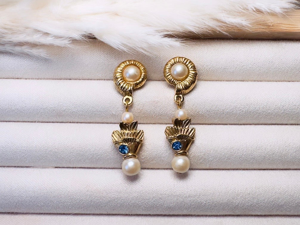 Vintage Pearl Earrings, Beachy Mermaid Earrings with Cream Pearl Shell and Blue Rhinestone Fish, Whimsical Pierced Drop Earrings