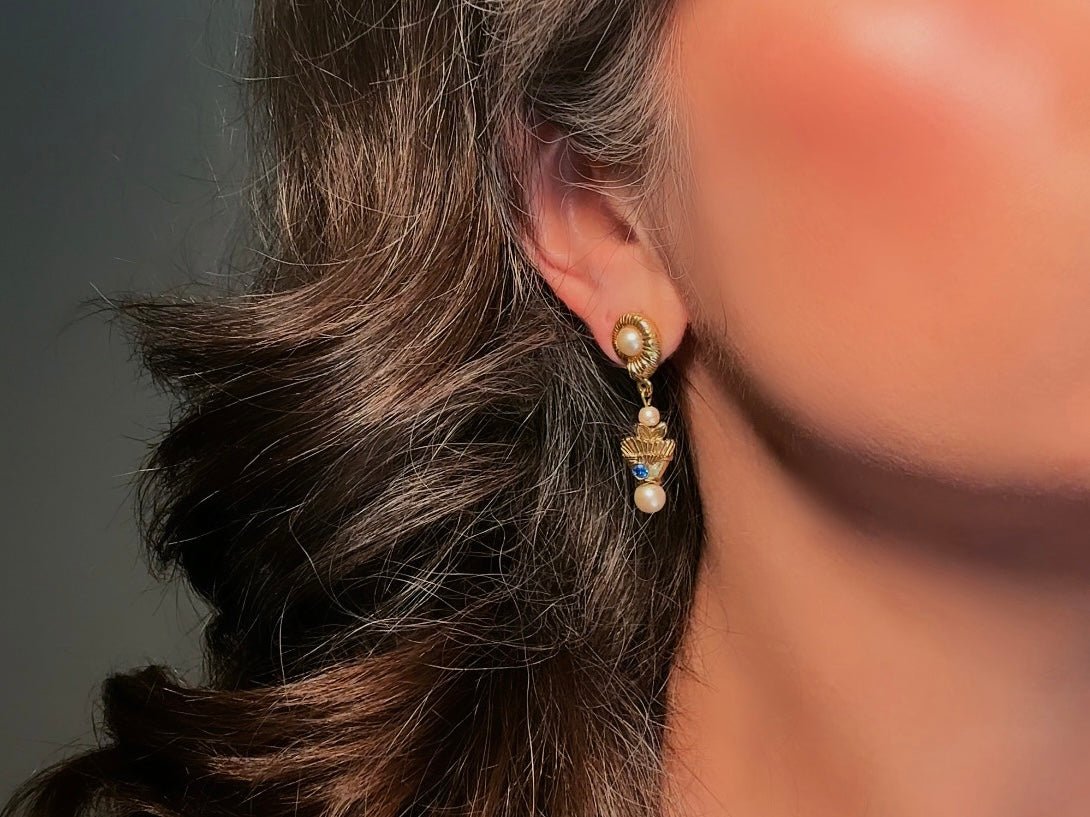 Vintage Pearl Earrings, Beachy Mermaid Earrings with Cream Pearl Shell and Blue Rhinestone Fish, Whimsical Pierced Drop Earrings