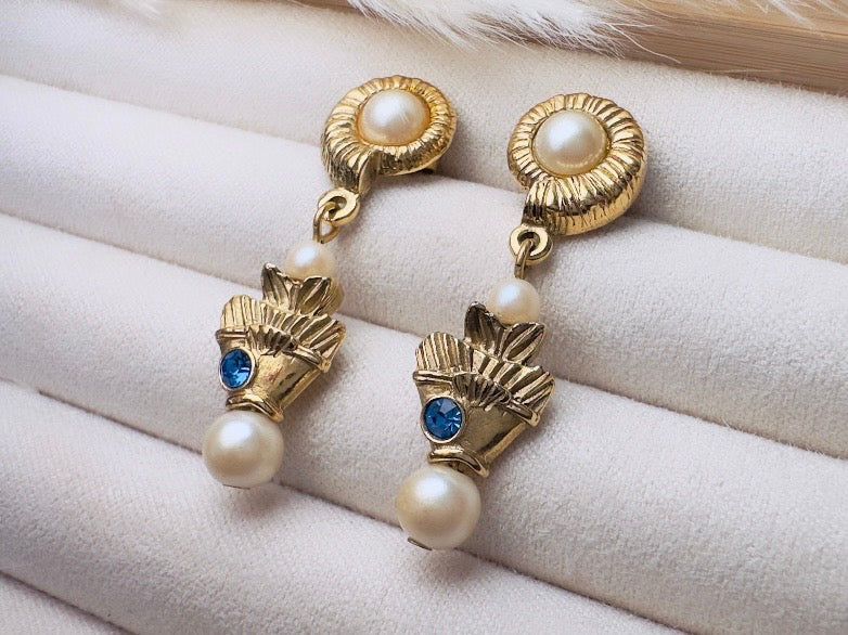 Vintage Pearl Earrings, Beachy Mermaid Earrings with Cream Pearl Shell and Blue Rhinestone Fish, Whimsical Pierced Drop Earrings