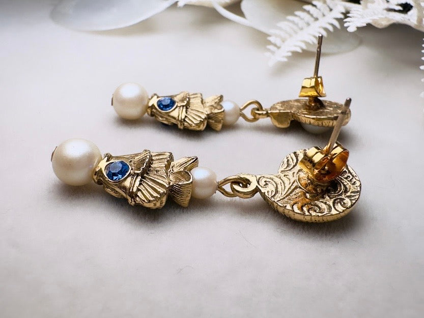 Vintage Pearl Earrings, Beachy Mermaid Earrings with Cream Pearl Shell and Blue Rhinestone Fish, Whimsical Pierced Drop Earrings