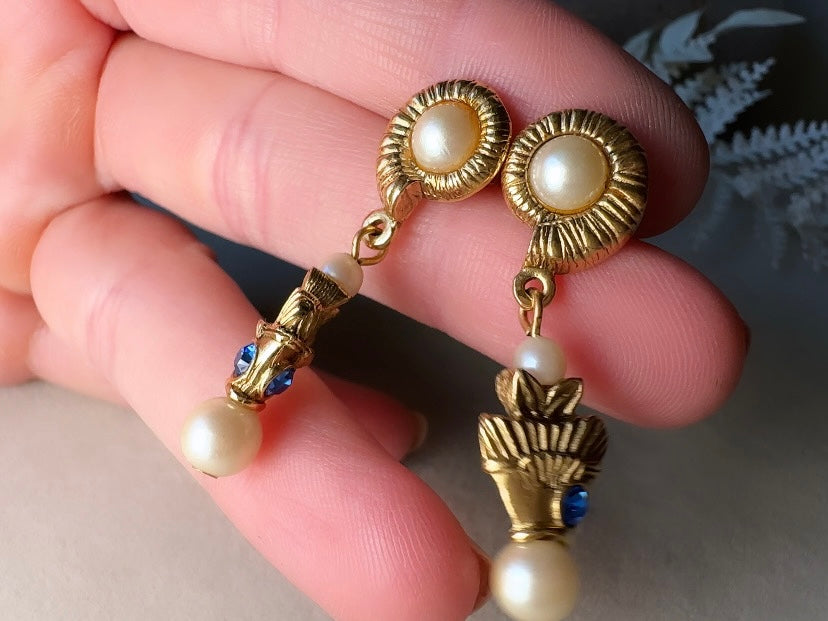 Vintage Pearl Earrings, Beachy Mermaid Earrings with Cream Pearl Shell and Blue Rhinestone Fish, Whimsical Pierced Drop Earrings