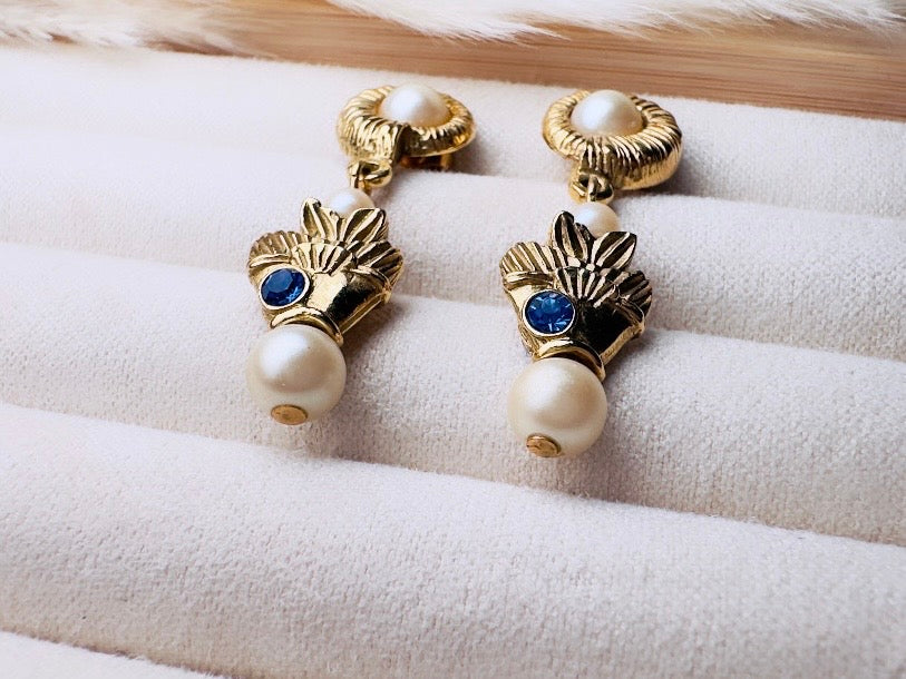 Vintage Pearl Earrings, Beachy Mermaid Earrings with Cream Pearl Shell and Blue Rhinestone Fish, Whimsical Pierced Drop Earrings