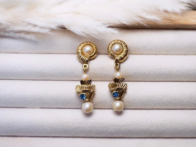 Vintage Pearl Earrings, Beachy Mermaid Earrings with Cream Pearl Shell and Blue Rhinestone Fish, Whimsical Pierced Drop Earrings