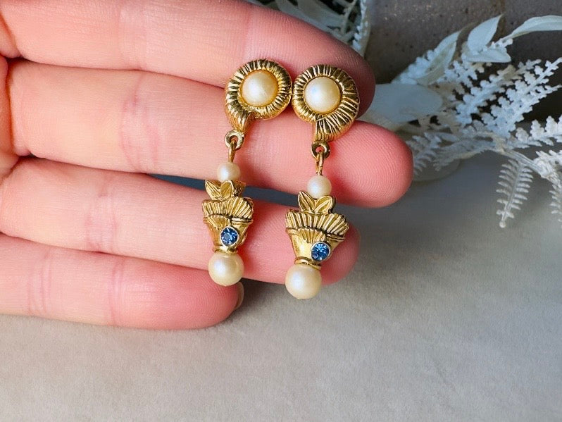 Vintage Pearl Earrings, Beachy Mermaid Earrings with Cream Pearl Shell and Blue Rhinestone Fish, Whimsical Pierced Drop Earrings