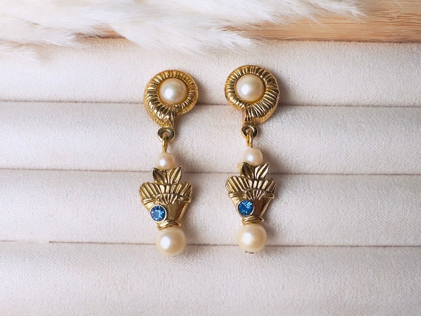 Vintage Pearl Earrings, Beachy Mermaid Earrings with Cream Pearl Shell and Blue Rhinestone Fish, Whimsical Pierced Drop Earrings