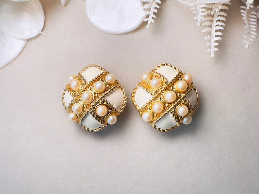 Vintage Pearl Earrings, Oversized 80s Square Clip On Earrings with Cream Enamel and Gold Textured Rope Border
