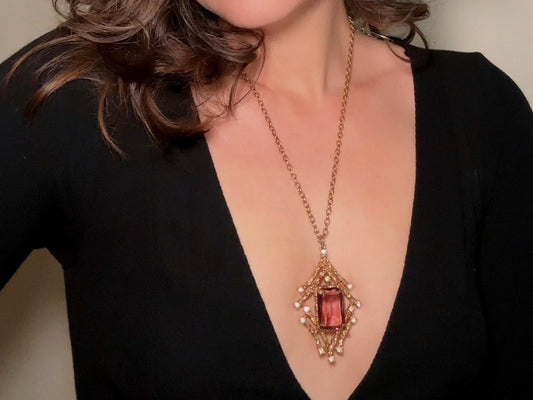 Vintage Pendant Necklace with Smoky Amethyst Crystal, Enchanting 70s Gold Brutalist Necklace with Crystals, Sarah Coventry Twilight Necklace