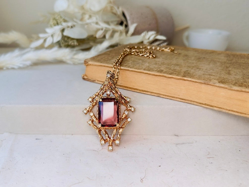 Vintage Pendant Necklace with Smoky Amethyst Crystal, Enchanting 70s Gold Brutalist Necklace with Crystals, Sarah Coventry Twilight Necklace