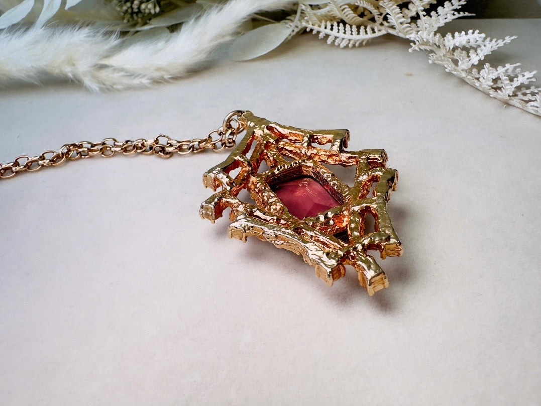 Vintage Pendant Necklace with Smoky Amethyst Crystal, Enchanting 70s Gold Brutalist Necklace with Crystals, Sarah Coventry Twilight Necklace