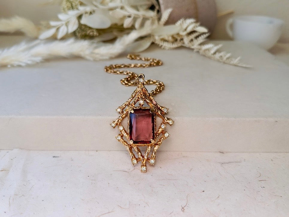 Vintage Pendant Necklace with Smoky Amethyst Crystal, Enchanting 70s Gold Brutalist Necklace with Crystals, Sarah Coventry Twilight Necklace