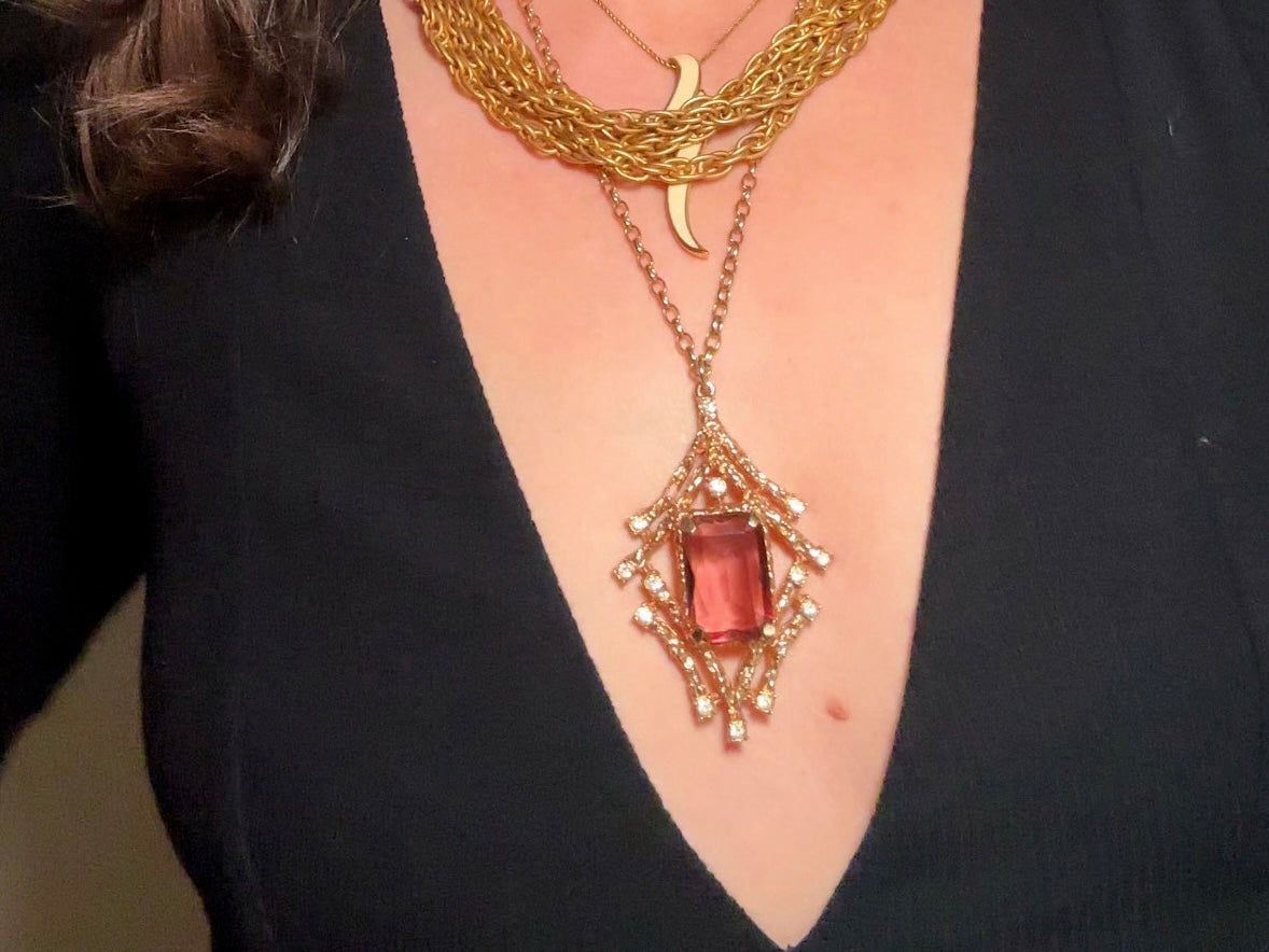 Vintage Pendant Necklace with Smoky Amethyst Crystal, Enchanting 70s Gold Brutalist Necklace with Crystals, Sarah Coventry Twilight Necklace