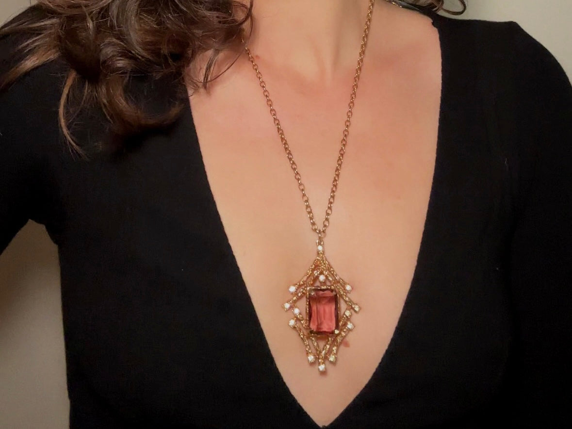 Vintage Pendant Necklace with Smoky Amethyst Crystal, Enchanting 70s Gold Brutalist Necklace with Crystals, Sarah Coventry Twilight Necklace