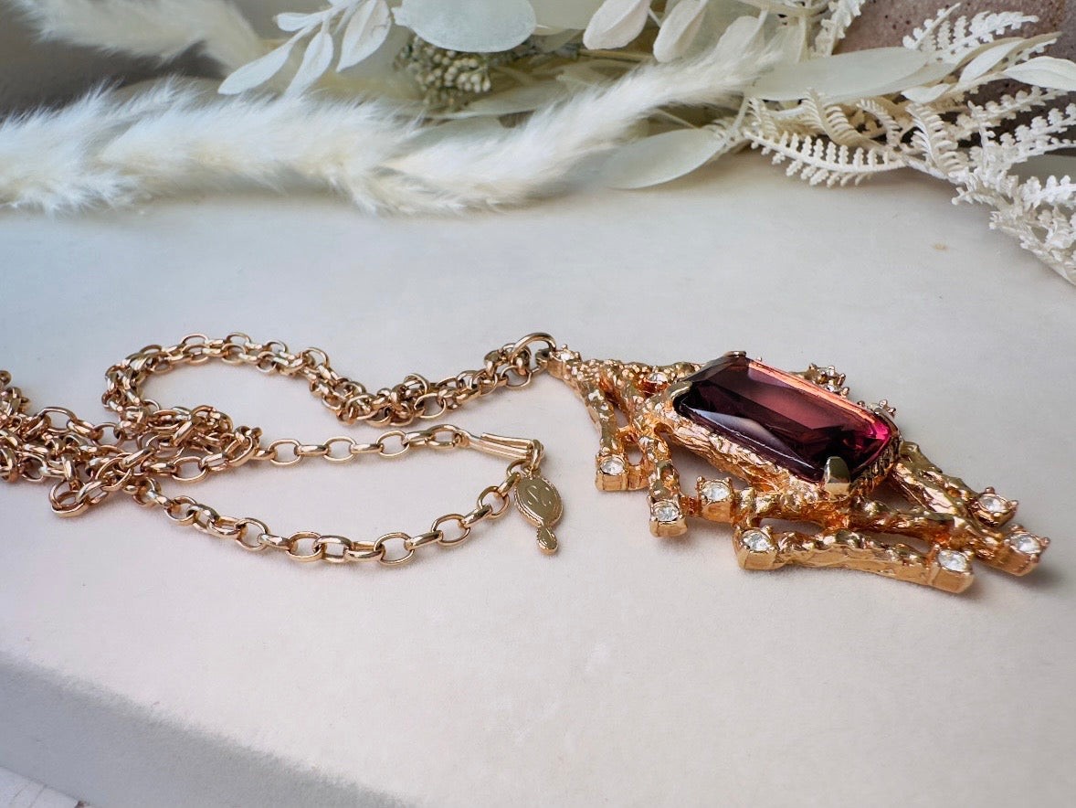Vintage Pendant Necklace with Smoky Amethyst Crystal, Enchanting 70s Gold Brutalist Necklace with Crystals, Sarah Coventry Twilight Necklace