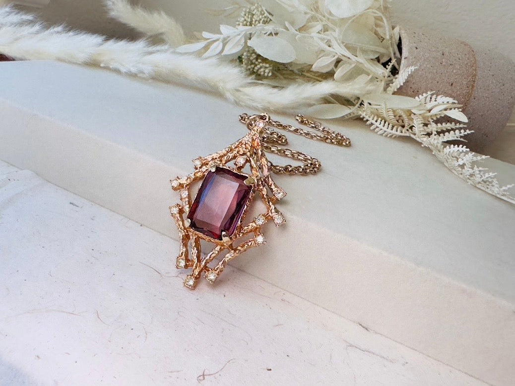 Vintage Pendant Necklace with Smoky Amethyst Crystal, Enchanting 70s Gold Brutalist Necklace with Crystals, Sarah Coventry Twilight Necklace