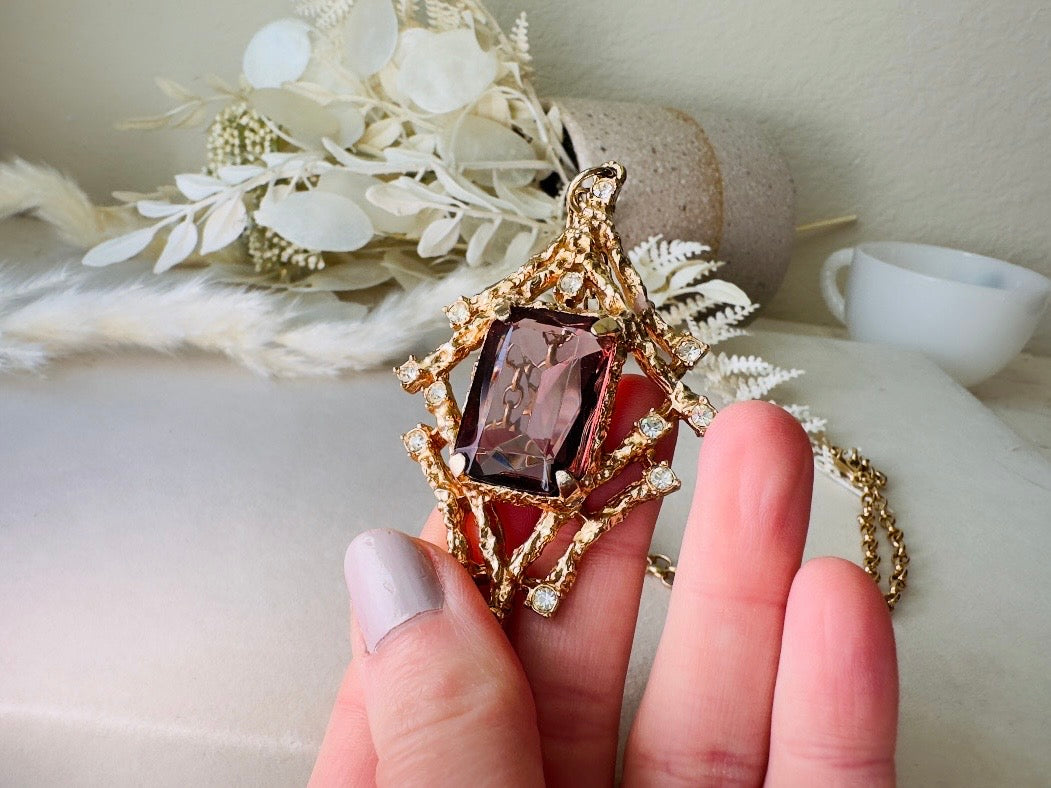 Vintage Pendant Necklace with Smoky Amethyst Crystal, Enchanting 70s Gold Brutalist Necklace with Crystals, Sarah Coventry Twilight Necklace