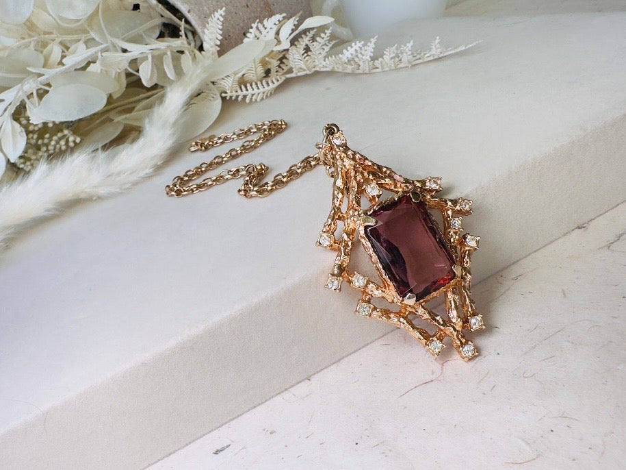 Vintage Pendant Necklace with Smoky Amethyst Crystal, Enchanting 70s Gold Brutalist Necklace with Crystals, Sarah Coventry Twilight Necklace