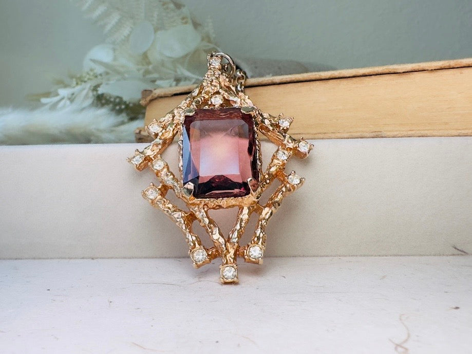 Vintage Pendant Necklace with Smoky Amethyst Crystal, Enchanting 70s Gold Brutalist Necklace with Crystals, Sarah Coventry Twilight Necklace