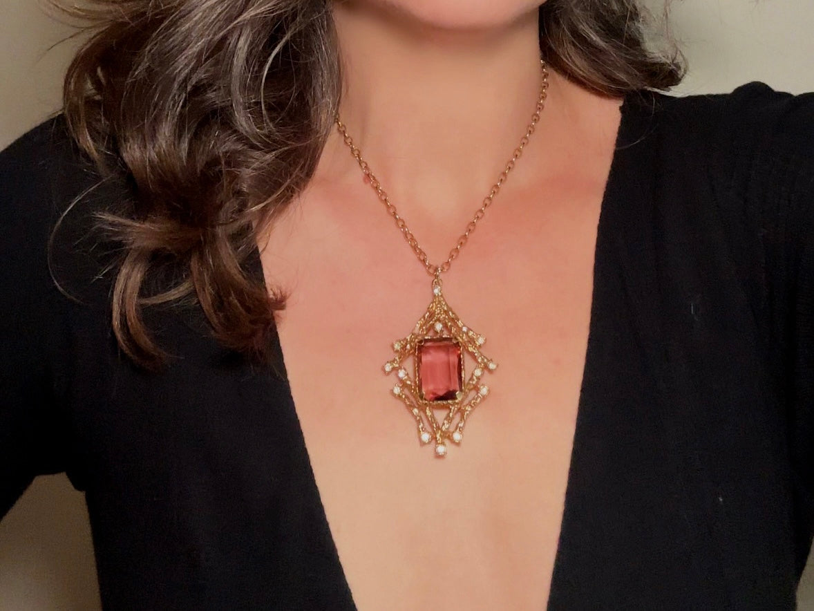 Vintage Pendant Necklace with Smoky Amethyst Crystal, Enchanting 70s Gold Brutalist Necklace with Crystals, Sarah Coventry Twilight Necklace