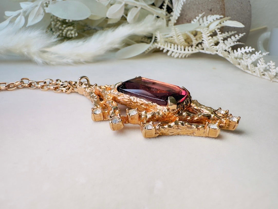 Vintage Pendant Necklace with Smoky Amethyst Crystal, Enchanting 70s Gold Brutalist Necklace with Crystals, Sarah Coventry Twilight Necklace