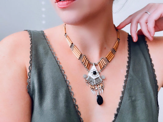 Vintage Peruvian Wire Work Necklace, Bohemian Bamboo Fringe Silver Black Onyx Stone Necklace, Dramatic Boho Intricate Wire Pendant Necklace