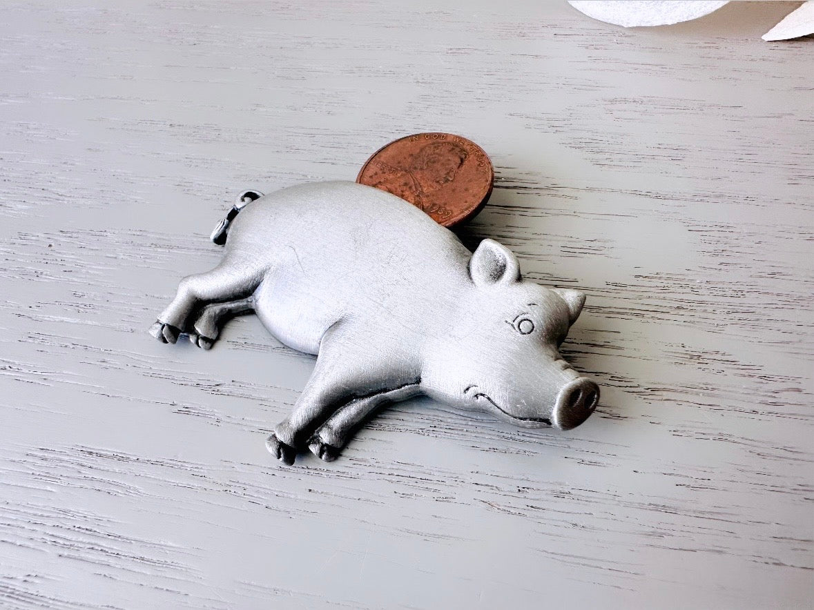 Vintage Piggy Bank Brooch with Real Penny, Adorable Silver Pig