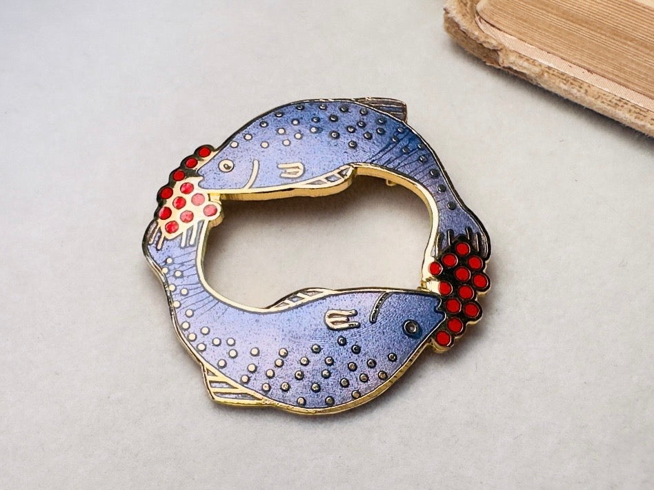 Vintage Pisces Brooch, Periwinkle and Red Signed Carolee Enamel Pin