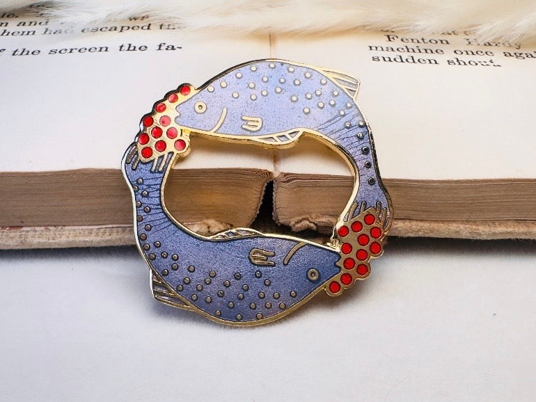 Vintage Pisces Brooch, Periwinkle and Red Signed Carolee Enamel Pin