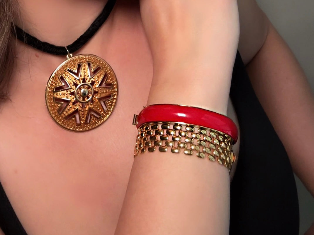 Vintage Red Clamper Bracelet, 1980s Classic Bracelet Red + Gold modelled