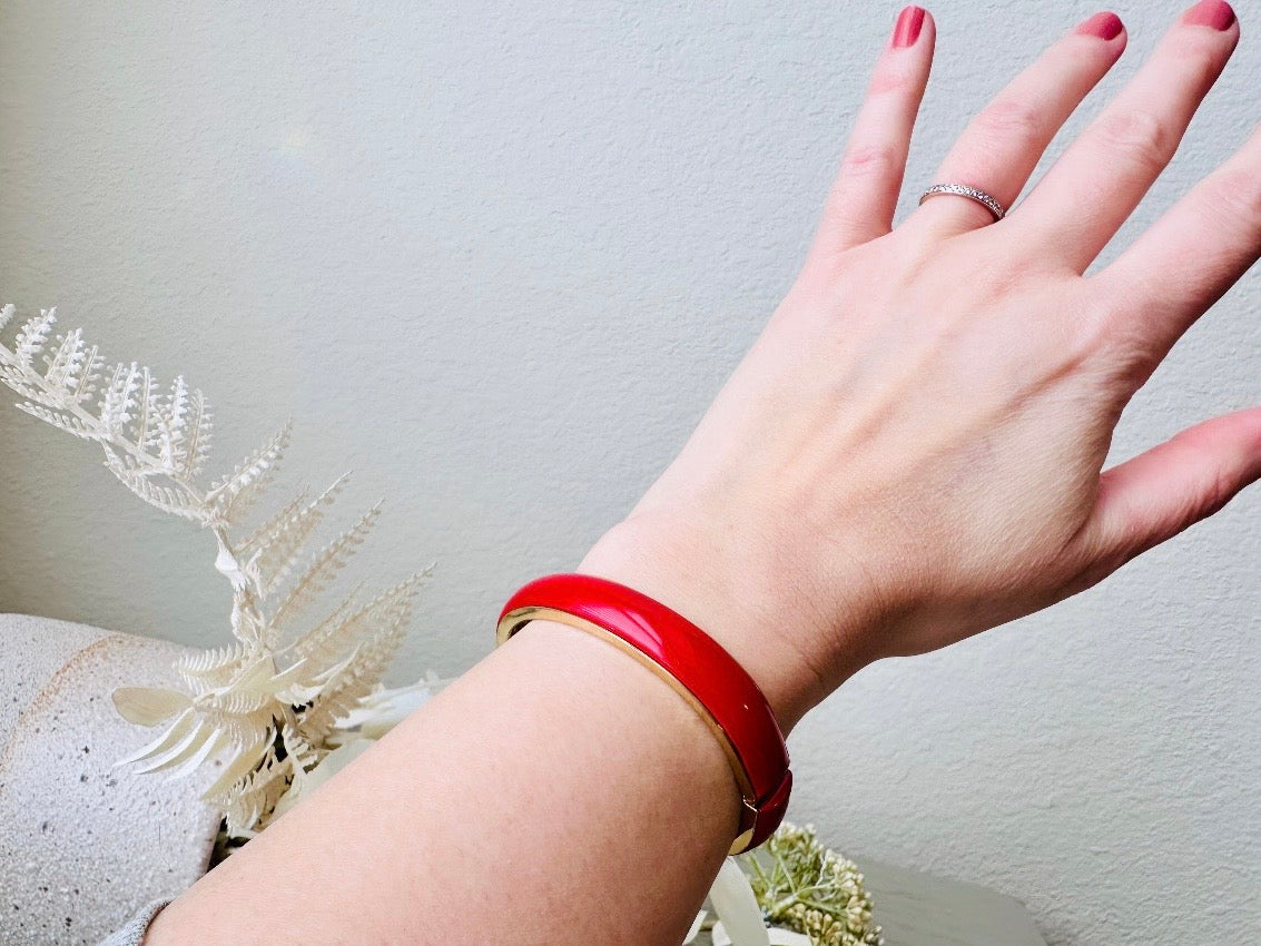 Vintage Red Clamper Bracelet, 1980s Classic Bracelet Red + Gold on wrist