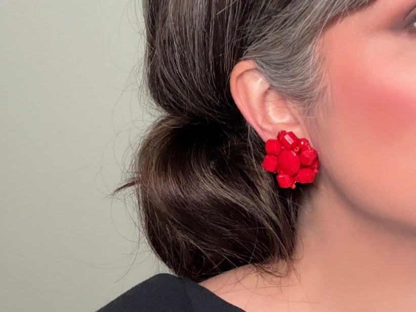 Vintage Red Earrings, Beaded 60s German Earrings, Big Faceted Red Acrylic Popcorn Style 1960s Clip On Earrings