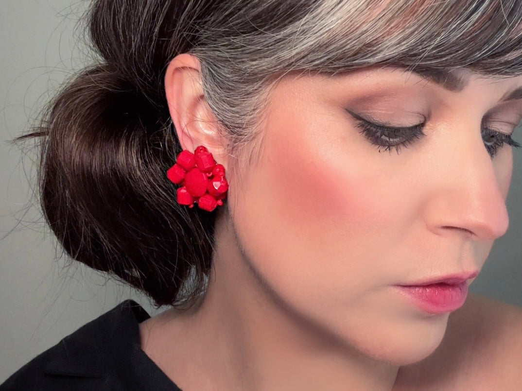 Vintage Red Earrings, Beaded 60s German Earrings, Big Faceted Red Acrylic Popcorn Style 1960s Clip On Earrings