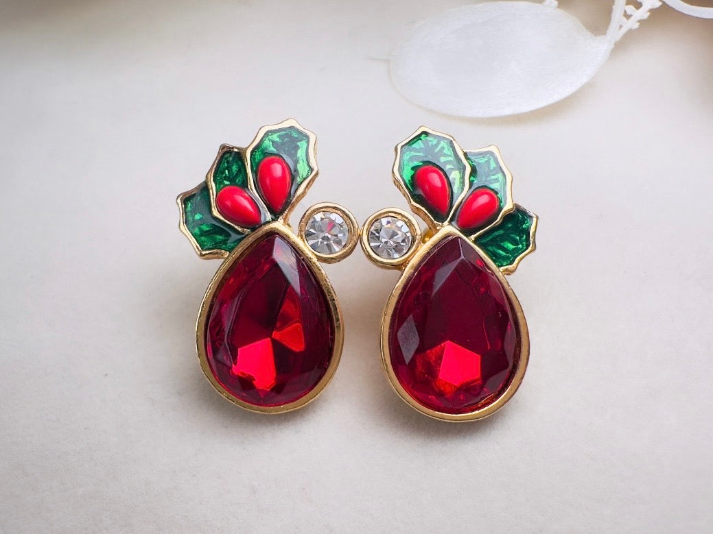 Vintage Red Holly Berry Earrings, Holiday Post Earrings with Faceted Red Glass and Green Enamel Leaves