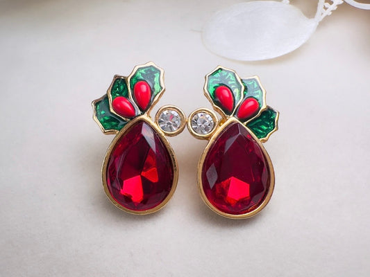 Vintage Red Holly Berry Earrings, Holiday Post Earrings with Faceted Red Glass and Green Enamel Leaves