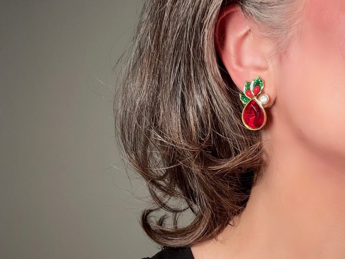 Vintage Red Holly Berry Earrings, Holiday Post Earrings with Faceted Red Glass and Green Enamel Leaves