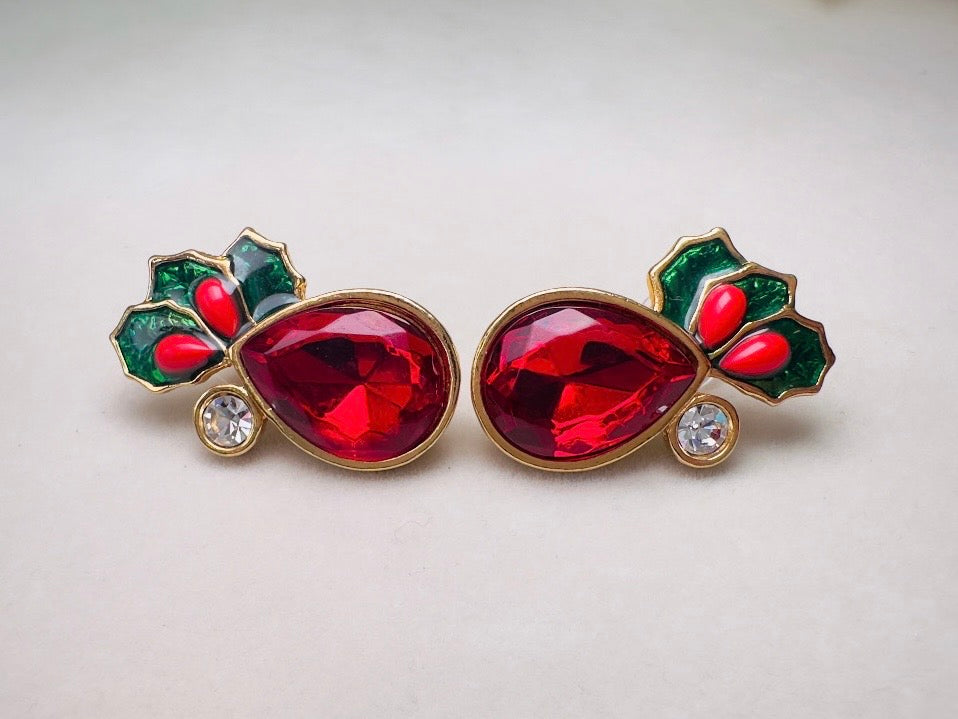 Vintage Red Holly Berry Earrings, Holiday Post Earrings with Faceted Red Glass and Green Enamel Leaves