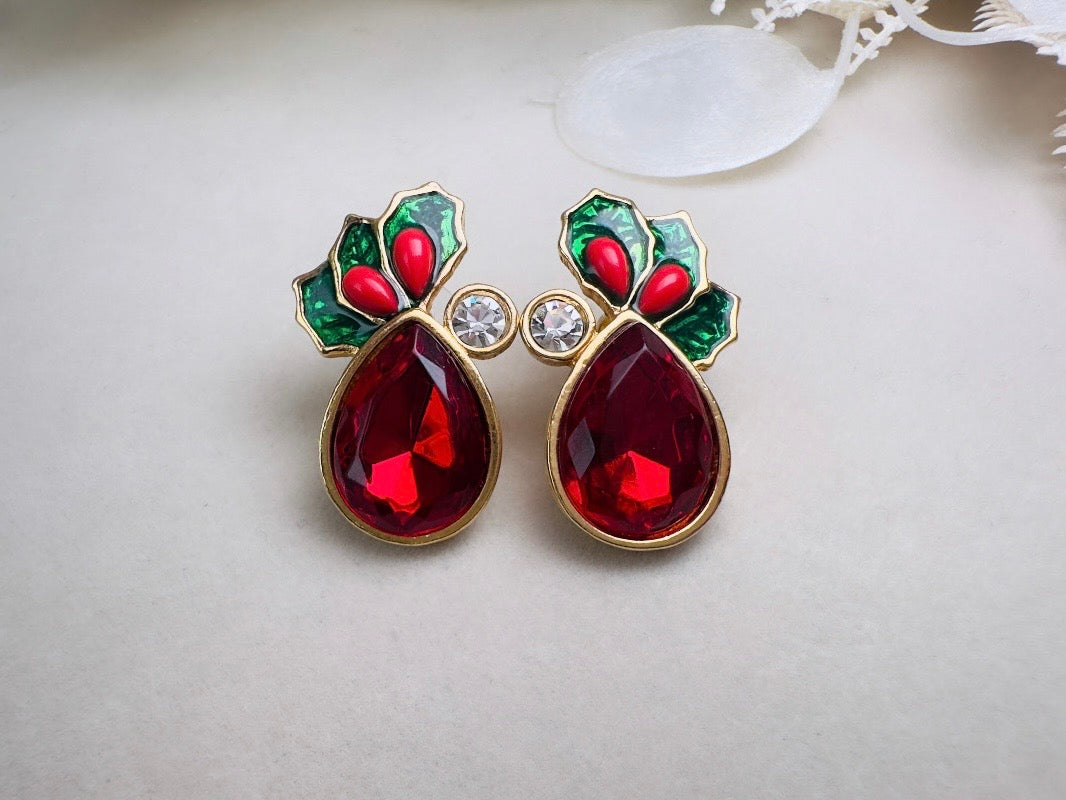 Vintage Red Holly Berry Earrings, Holiday Post Earrings with Faceted Red Glass and Green Enamel Leaves