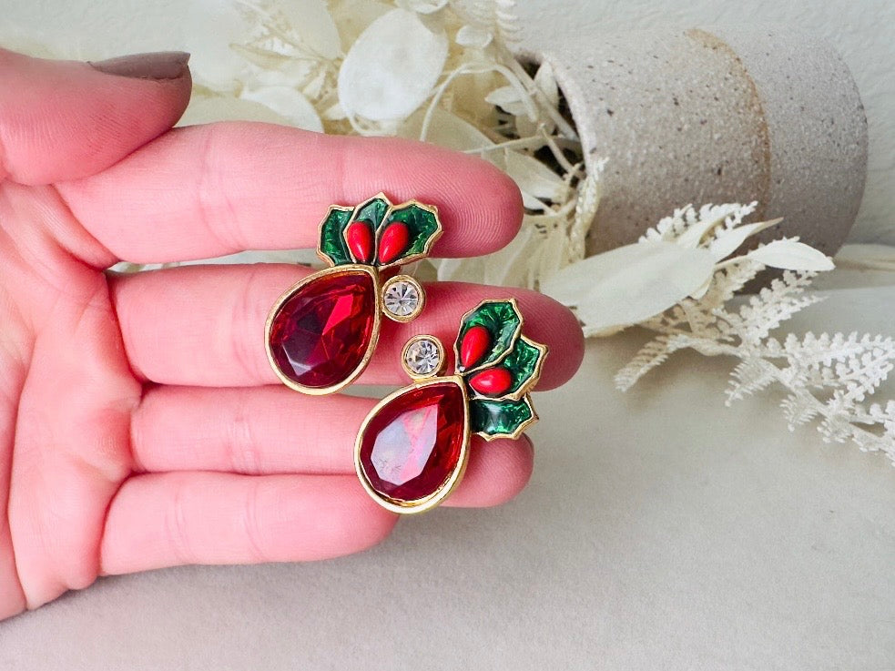 Vintage Red Holly Berry Earrings, Holiday Post Earrings with Faceted Red Glass and Green Enamel Leaves
