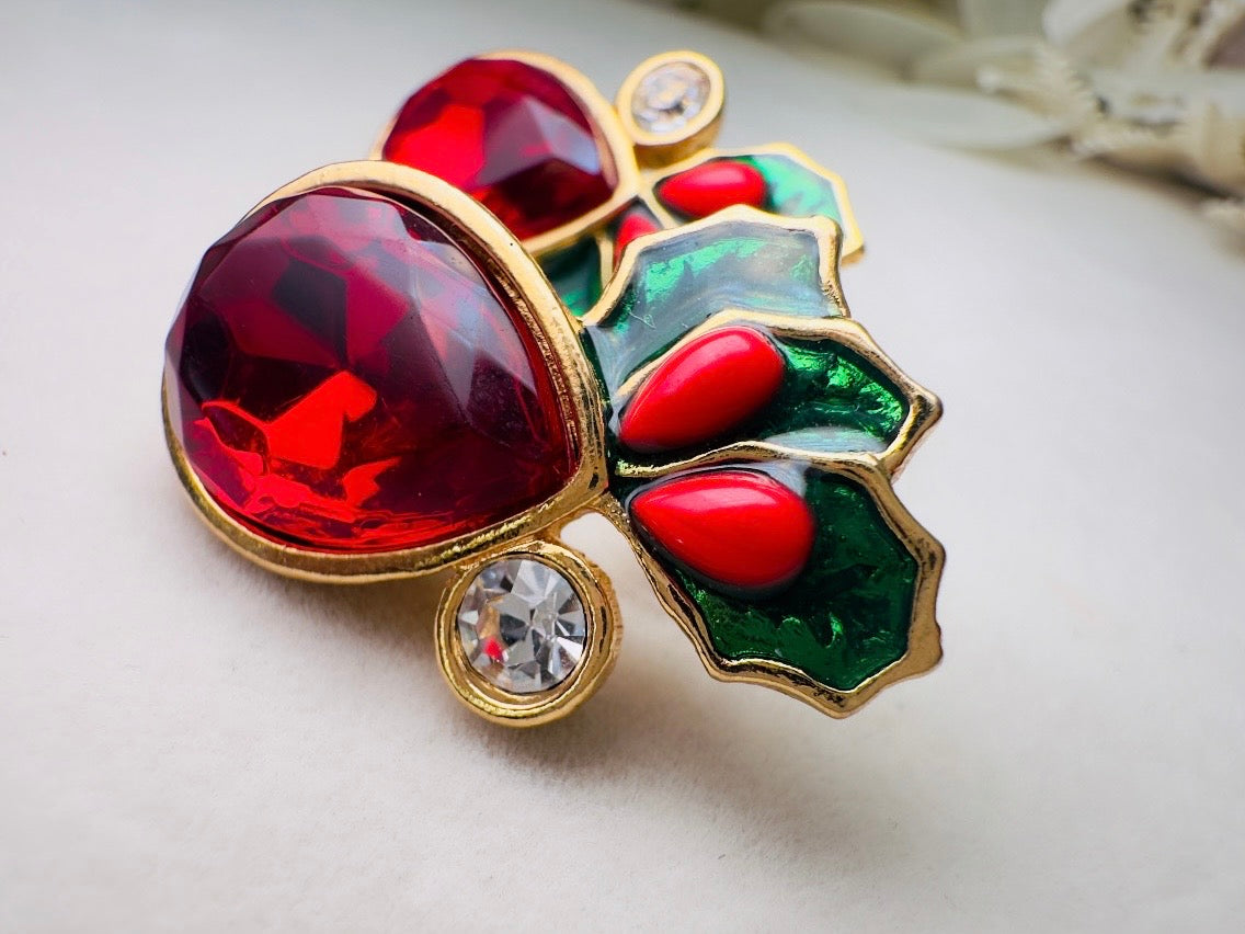 Vintage Red Holly Berry Earrings, Holiday Post Earrings with Faceted Red Glass and Green Enamel Leaves