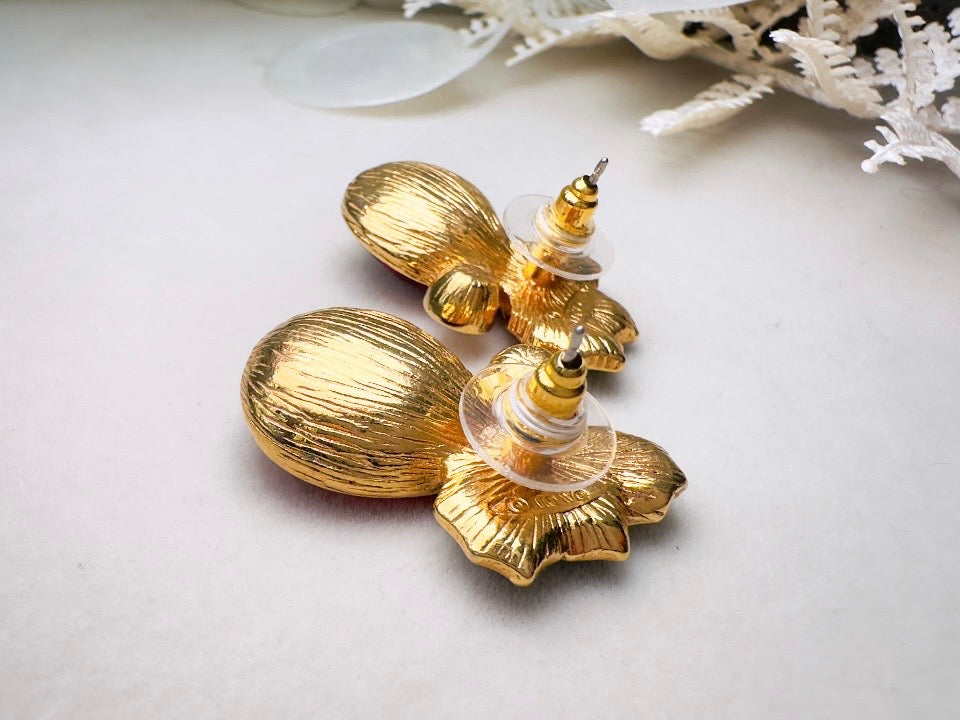 Vintage Red Holly Berry Earrings, Holiday Post Earrings with Faceted Red Glass and Green Enamel Leaves