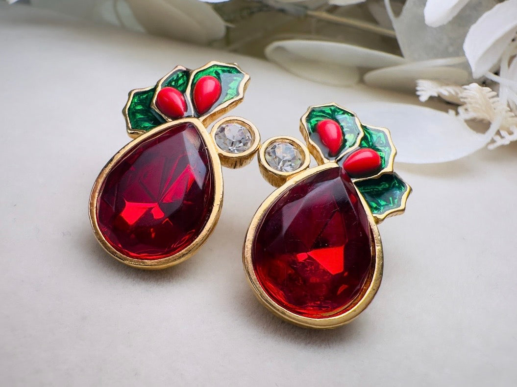 Vintage Red Holly Berry Earrings, Holiday Post Earrings with Faceted Red Glass and Green Enamel Leaves