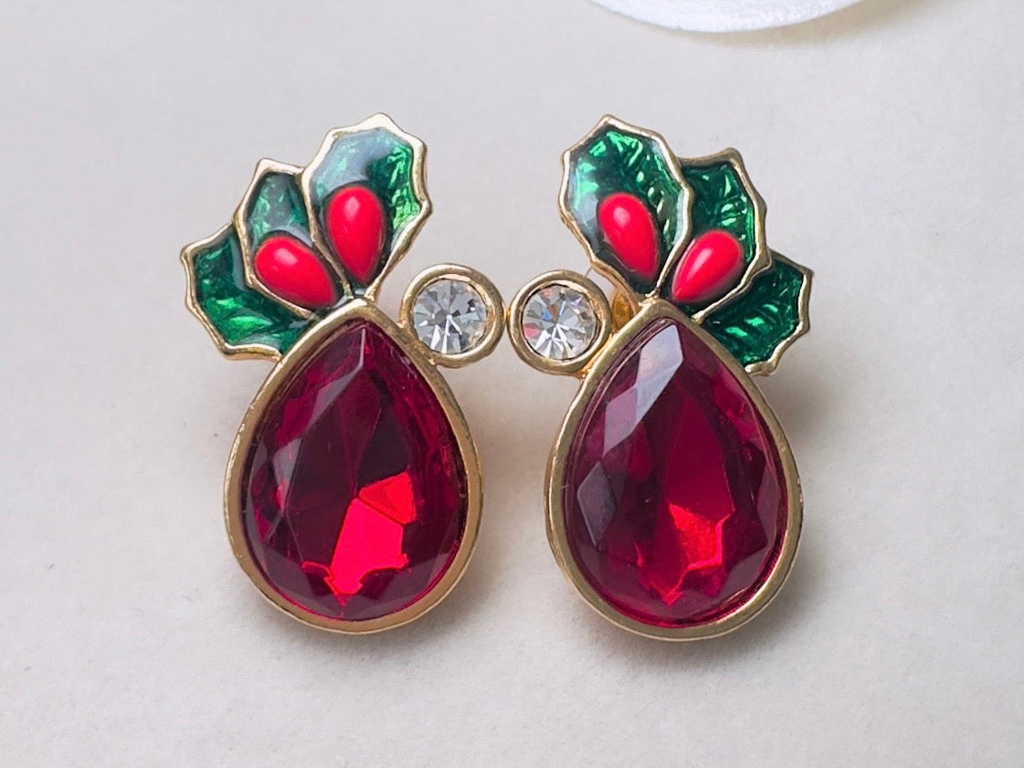Vintage Red Holly Berry Earrings, Holiday Post Earrings with Faceted Red Glass and Green Enamel Leaves